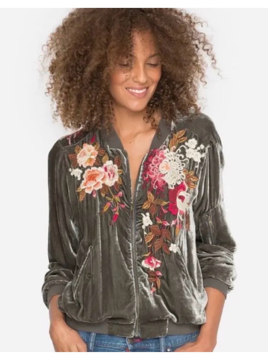 Johnny Was Chrys Army Green Velvet Floral Embroidered Bomber Boho Mediumâs